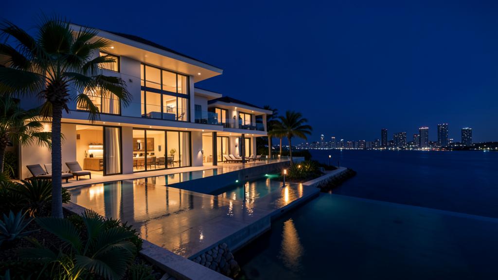 Luxury waterfront villa at twilight