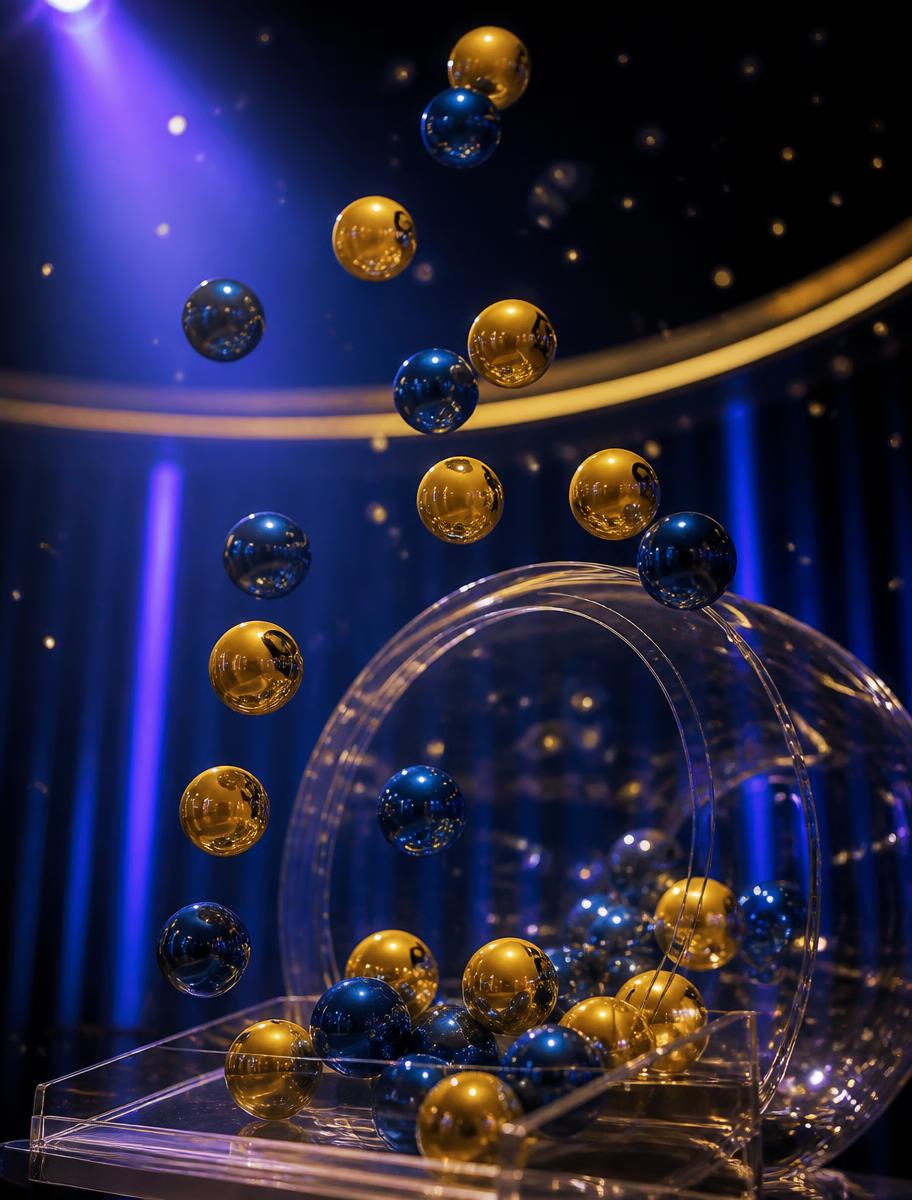 Gold and blue lottery balls floating in a live draw studio
