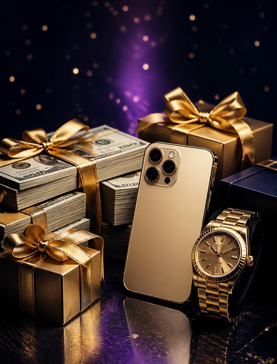 Cash bundles, gold gift boxes, a premium phone and a gold watch