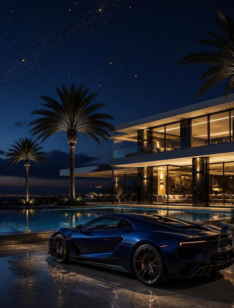 Modern villa with pool and blue supercar under a starry night sky