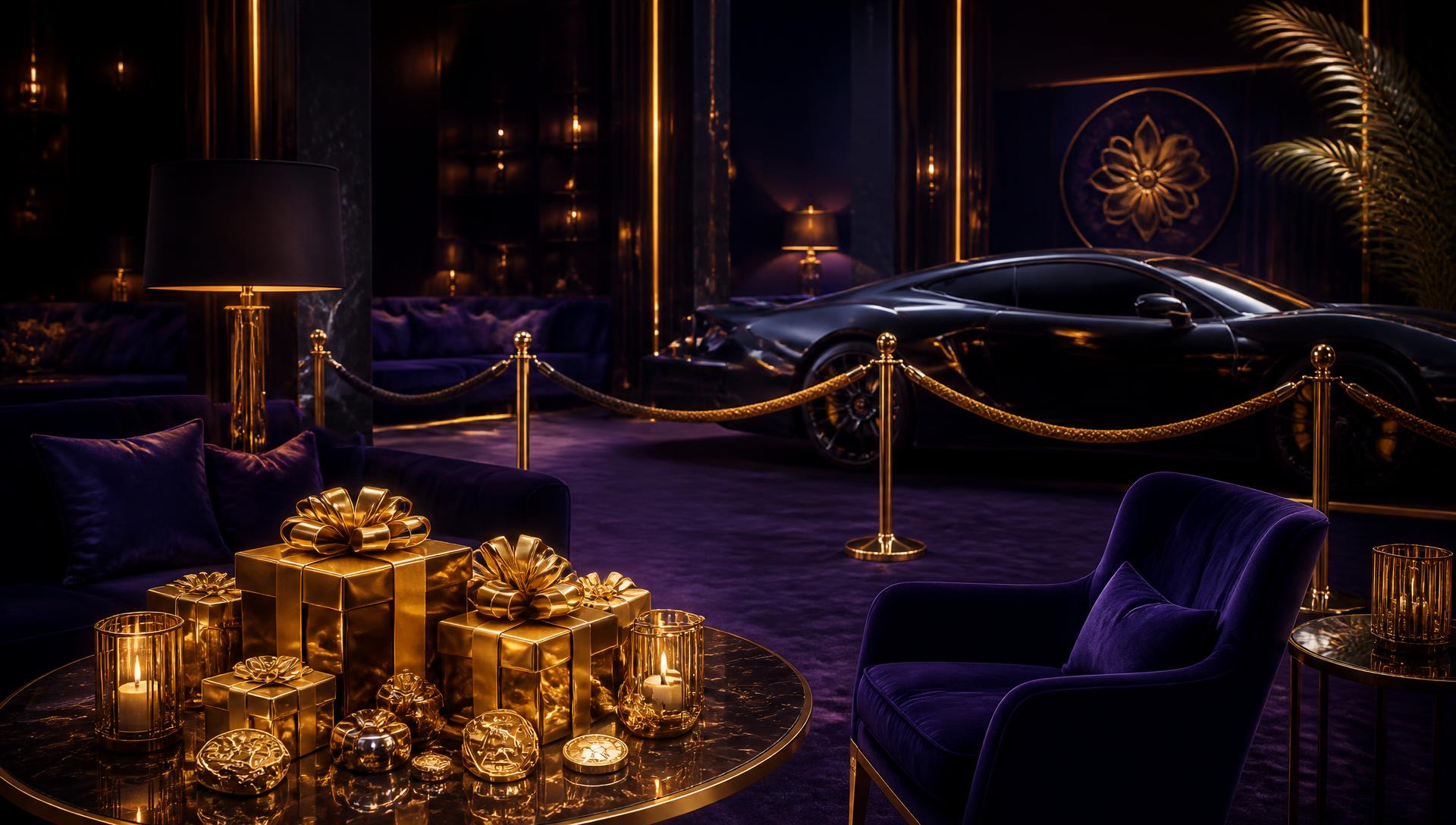VIP lounge with velvet seating, gold gifts and a black sports car