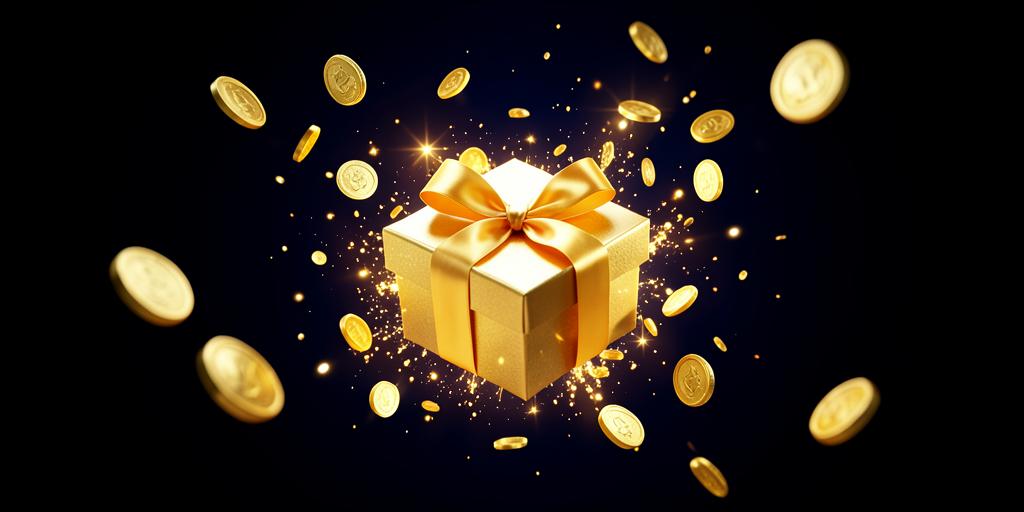 Golden gift box surrounded by coins