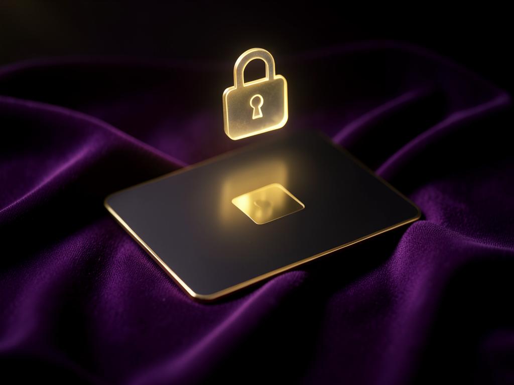 Gold-edged payment card with a glowing lock over royal purple silk — secure PrizeOne payments