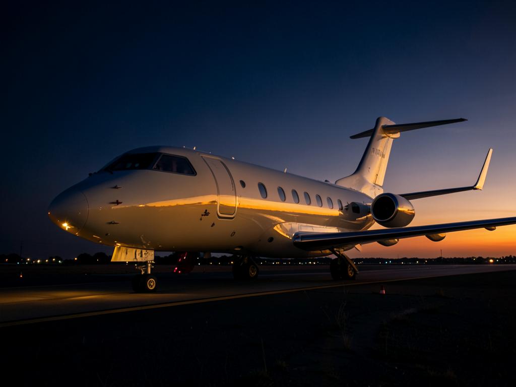 Private luxury jet glowing in golden dusk light on a runway