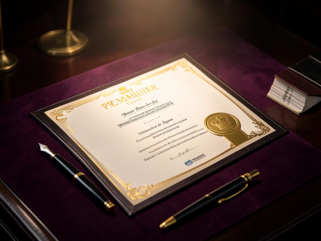 Official PrizeOne certificate with gold crown seal on a dark desk — certified winner records