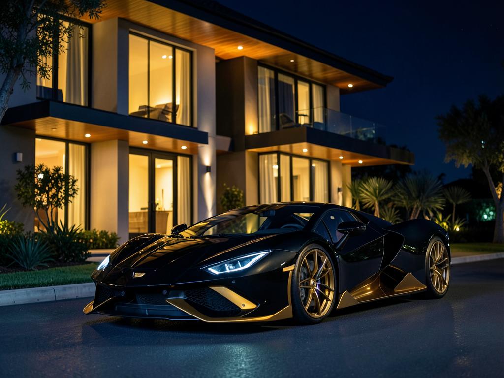 Black and gold luxury supercar parked outside a modern mansion at night
