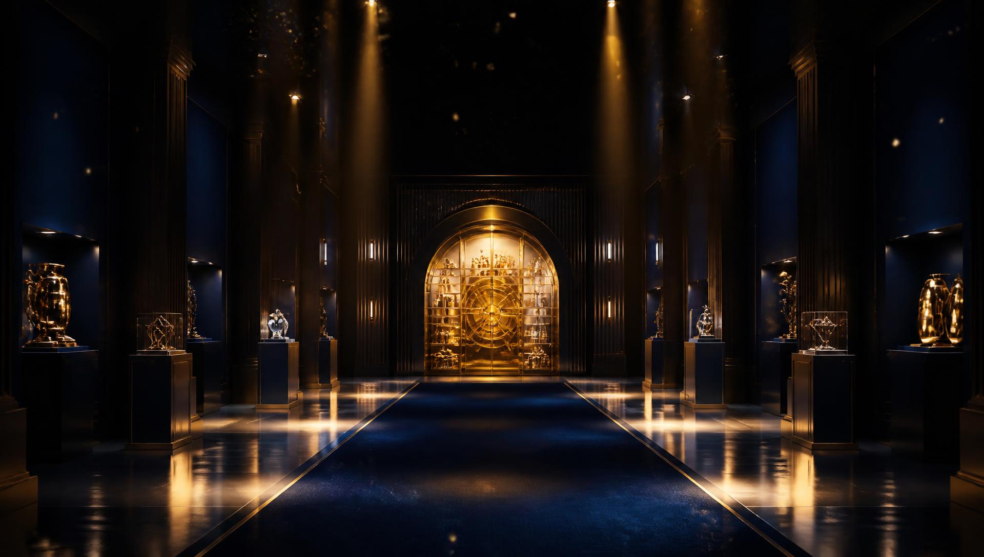 Golden PrizeOne vault hall lined with illuminated prize pedestals