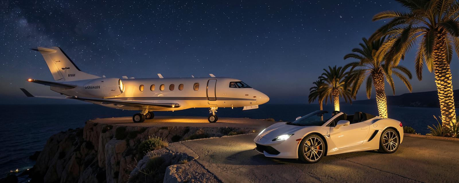 Private jet and supercar on a Mediterranean clifftop at night