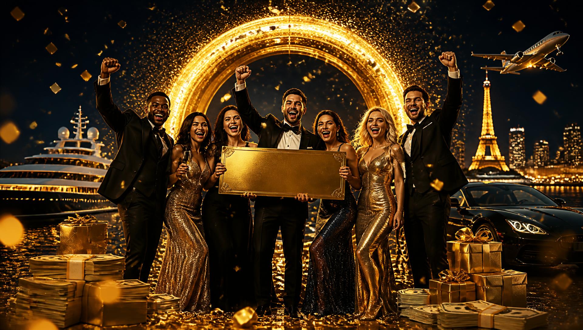 Group of celebrating PrizeOne Million winners with a glowing gold ring, yacht, luxury car and private jet